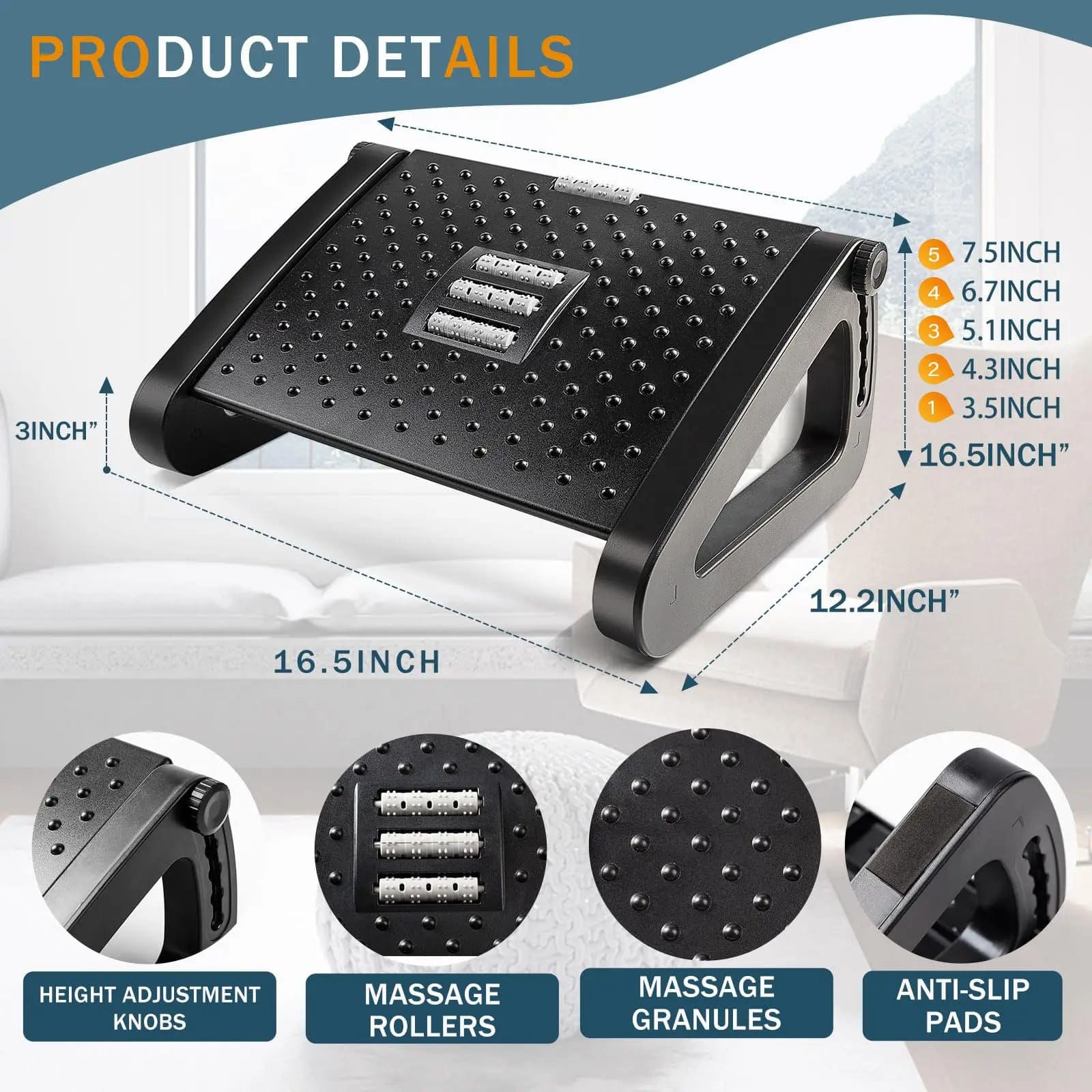 Ergonomic Foot Rest with Massage Rollers